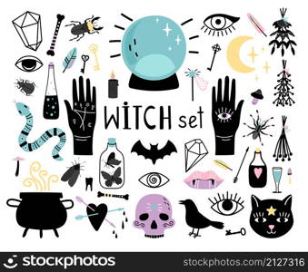 Witch magic elements. Hand drawn collections for wizard, cauldron with potion and crystal ball for magician, vector illustration concept of black witchcraft isolated on white background. Witch magic elements