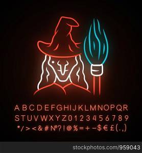 Witch neon light icon. Wicked sorceress, hag with broomstick. Halloween costume. Evil old woman in wizard hat and broom stick. Glowing sign with alphabet, numbers. Vector isolated illustration