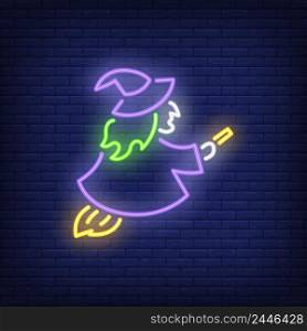 Witch neon sign. Luminous signboard with sorceress. Night bright advertisement. Vector illustration in neon style for Halloween, fantasy, witchcraft