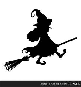 Witch on a broomstick. Vector black silhouette.