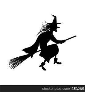Witch On Broomstick Over White Background for Creating Halloween Designs. Vector illustration.