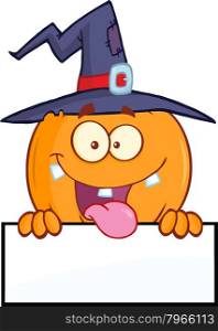 Witch Pumpkin Cartoon Character Over A Blank Sign