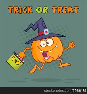 Witch Pumpkin Character Running With A Halloween Candy Basket