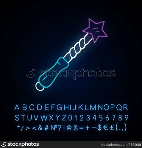 Witch wand neon light icon. Wizard magic wand, fairy wooden stick. Magician, sorcerer item. Witchcraft & sorcery Halloween magical tool. Glowing alphabet, numbers. Vector isolated illustration