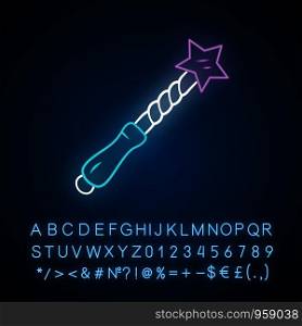 Witch wand neon light icon. Wizard magic wand, fairy wooden stick. Magician, sorcerer item. Witchcraft & sorcery Halloween magical tool. Glowing alphabet, numbers. Vector isolated illustration