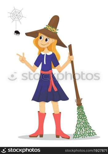 Witch with broomstick. Happy Halloween character vector. Cute witch look at hunny spider. Halloween drawings for card, poster or background.. Witch with broomstick. Happy Halloween character vector.