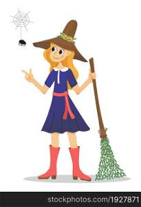 Witch with broomstick. Happy Halloween character vector. Cute witch look at hunny spider. Halloween drawings for card, poster or background.. Witch with broomstick. Happy Halloween character vector.