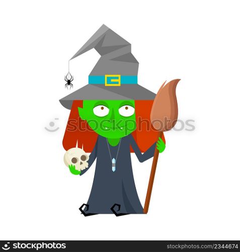 Witch with skull and broom on white background.