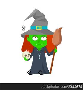 Witch with skull and broom on white background.