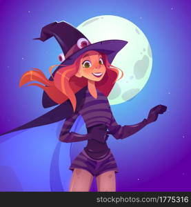 Witch woman, beautiful redhead girl in spooky hat with smiling face cartoon vector illustration. Sexy girl in magician costume, Halloween character. Witch, beautiful redhead woman in hat