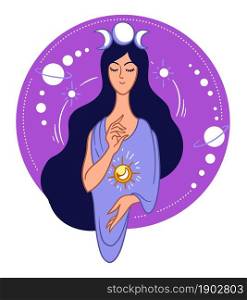 Witchcraft and occult wisdom, woman holding sun, full and crescent moon on head. Feminine energy and bohemian lady wearing long dress. Spirituality and astrological signs. Vector in flat style. Magic and occult, woman with moon and sun symbol