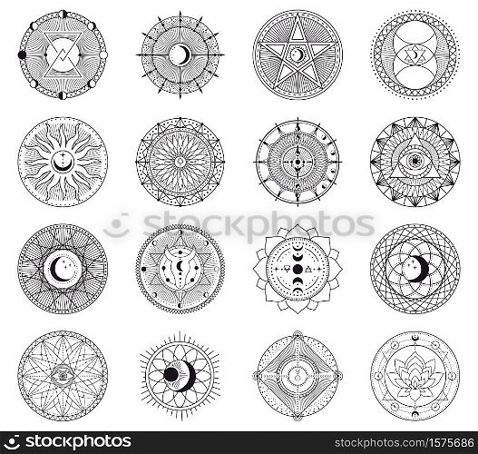 Witchcraft circular symbols. Magical spell circle, esoteric witchcraft mystery signs, occult magic spell circle vector illustration icons set. Witchcraft and occult esoteric icons. Witchcraft circular symbols. Magical spell circle, esoteric witchcraft mystery signs, occult magic spell circle vector illustration icons set