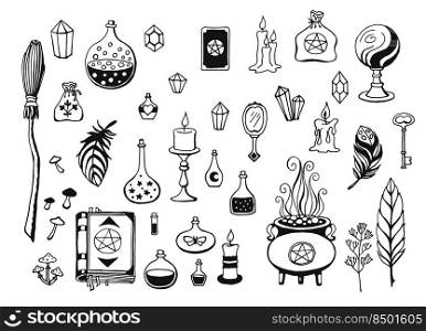 Witchcraft, magic background for witches and wizards. Vector vintage collection. Hand drawn magic tools, concept of witchcraft.