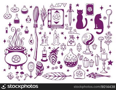 Witchcraft, magic background for witches and wizards. Vector vintage collection. Hand drawn magic tools, concept of witchcraft. Drawn magic tools  book, candles, potions, broom, crystals, cauldron.