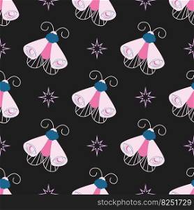 Witchcraft moth butterfly pattern. Dark botanical celestial mystic design with night butterfly. Esoteric occult magic symbol. Halloween animal mystical background. Hand drawn flat vector illustration