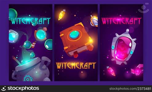 Witchcraft posters with magic amulets, mirror, book of spell, cauldron and potions. Vector vertical banners with cartoon illustration of wizard equipment, mage book, elixir flask, crystal, pendant. Witchcraft posters with magic amulet, mirror, book