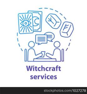 Witchcraft services concept icon. Fortune telling and divination idea thin line illustration. Future prediction. Rune stones, psychic with client and tarot cards vector isolated outline drawing