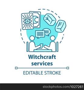 Witchcraft services concept icon. Future prediction and divination idea thin line illustration. Rune stones, psychic with client and tarot cards vector isolated outline drawing. Editable stroke