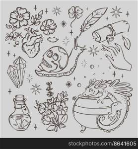 WITCHCRAFT SYMBOLS Love Magic Element Doodle Sign Collection
