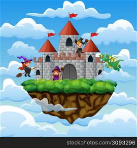 Witches and dragon flew around the castle on the clouds