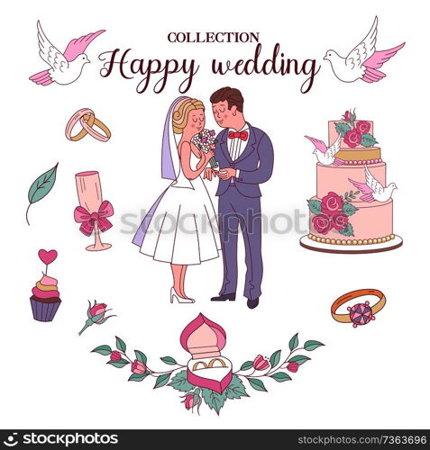 With this wedding invitation decoration kit, you can create an infinite number of customized designs. Brides and grooms, rings, flowers, white doves. Vector illustration. Isolated on white background.. Set of elements for the design of the wedding invitation. Vector illustration. Isolated on white background.