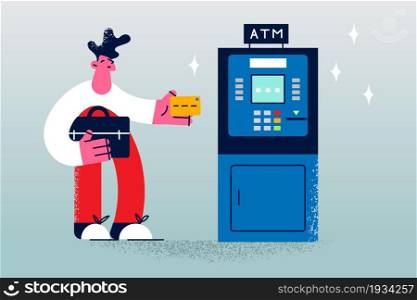 Withdrawal cash money in atm concept. Young man cartoon character standing holding credit card ready to withdraw money vector illustration . Withdrawal cash money in atm concept