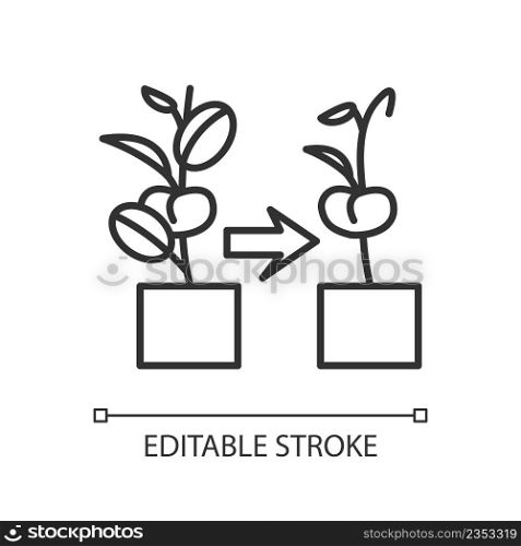 Withered plant linear icon. Fading and wilting flowers and houseplants. Indoor gardening hobby. Thin line illustration. Contour symbol. Vector outline drawing. Editable stroke. Arial font used. Withered plant linear icon
