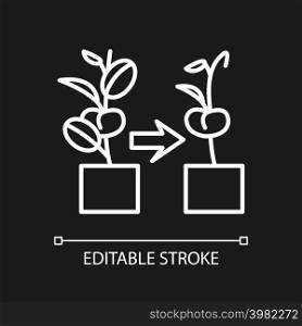 Withered plant white linear icon for dark theme. Fading and wilting flowers and houseplants. Indoor gardening. Thin line illustration. Isolated symbol for night mode. Editable stroke. Arial font used. Withered plant white linear icon for dark theme