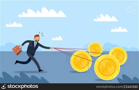 Withholding of financing. Fast movement for money. Businessman running with coins, business support and assistance, investments provide development opportunities vector cartoon flat isolated concept. Withholding of financing. Fast movement for money. Businessman running with coins, business support and assistance, investments provide development opportunities vector cartoon flat concept