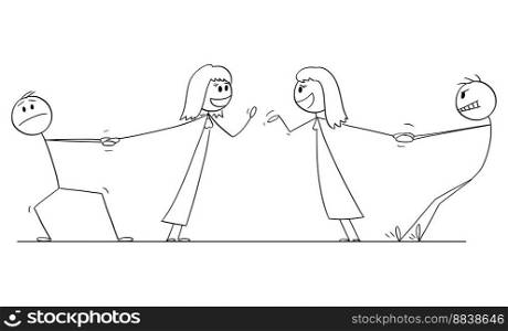 Wives or women friends talking, husbands or men wants to go home, vector cartoon stick figure or character illustration.. Women or Wives Talking, Men or Husbands Want to Go, Vector Cartoon Stick Figure Illustration