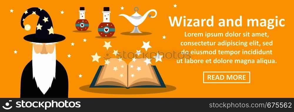 Wizard and magic banner horizontal concept. Flat illustration of wizard and magic banner horizontal vector concept for web. Wizard and magic banner horizontal concept