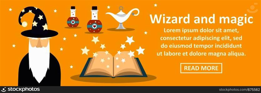 Wizard and magic banner horizontal concept. Flat illustration of wizard and magic banner horizontal vector concept for web. Wizard and magic banner horizontal concept