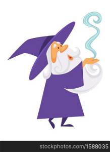 Wizard and magic smoke, old witch man, magician warlock isolated character vector. Medieval spelling, sorcerer or merlin, male witchcraft in hat and mantle. Mystery and charm, elderly with beard. Magician or wizard and magic smoke or spell, old witch man