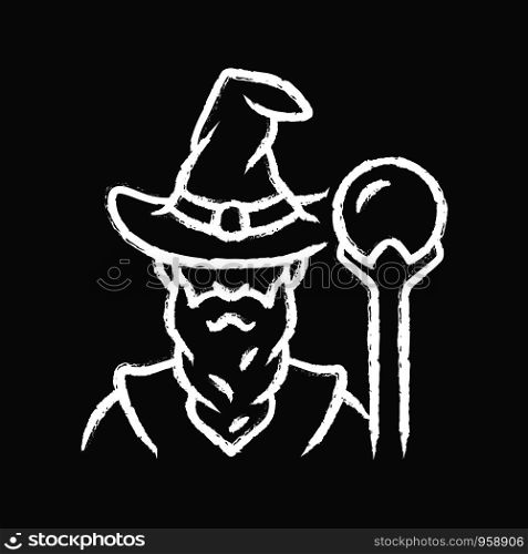 Wizard chalk icon. Sorcerer, magician in hat. Old wise man, fantasy druid. Fairytale warlock with beard. Halloween costume. Isolated vector chalkboard illustration