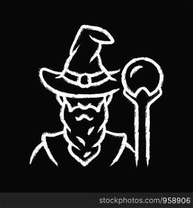 Wizard chalk icon. Sorcerer, magician in hat. Old wise man, fantasy druid. Fairytale warlock with beard. Halloween costume. Isolated vector chalkboard illustration