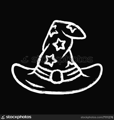 Wizard hat chalk icon. Witch magic cap. Magician, sorceress cap. Halloween costume accessory. Witchcraft, sorcery fantasy item. Wicked wizard object. Isolated vector chalkboard illustration