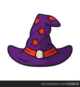 Wizard hat purple color icon. Witch magic cap. Magician, sorceress cap. Halloween costume accessory. Witchcraft, sorcery fantasy item. Wicked wizard object. Isolated vector illustration