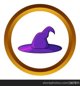 Wizard hat vector icon in golden circle, cartoon style isolated on white background. Wizard hat vector icon