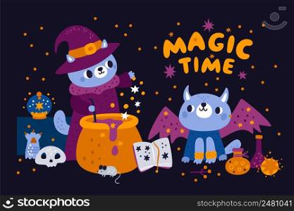 Wizard illustration. Cute kitten sorcerer brews magic potion in boiler. Alchemy and witchcraft accessories. Halloween magical character. Kitties in hats and capes. Fairytale warlocks. Vector concept. Wizard illustration. Kitten sorcerer brews magic potion in boiler. Alchemy and witchcraft accessories. Halloween character. Kitties in hats and capes. Fairytale warlocks. Vector concept