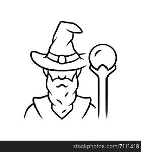Wizard linear icon. Thin line illustration. Sorcerer, magician in hat. Old wise man, fantasy druid. Fairytale warlock with beard. Contour symbol. Vector isolated outline drawing. Editable stroke
