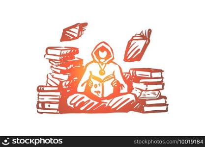Wizard, magic, library, spell, book concept. Hand drawn warlock in library with books and spells concept sketch. Isolated vector illustration.. Wizard, magic, library, spell, book concept. Hand drawn isolated vector.