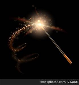 Wizard magic wand. Sparkles wizard glitter golden trail and miracle isolated magician wand, magical stick with sparkle transparent lights vector illustration. mystery illusion concept. Wizard magic wand. Sparkles wizard glitter trail and miracle magician wand, magical stick with sparkle transparent lights vector illustration