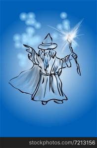wizard on blue wizard waving his magic wand