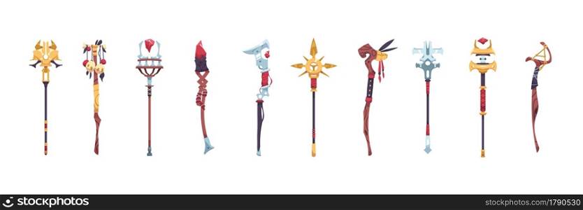 Wizard stuff. Cartoon magic staves of natural elements with color stones. Metal and wooden magical weapon for game UI. Shaman or magician sticks collection. Vector fantastic enchanter equipment set. Wizard stuff. Cartoon magic staves of natural elements with stones. Metal and wooden magical weapon for game UI. Shaman or magician sticks collection. Vector enchanter equipment set