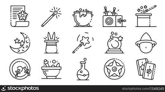 Wizard tools icons set. Outline set of wizard tools vector icons for web design isolated on white background. Wizard tools icons set, outline style