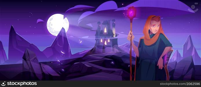 Wizard with magic staff stand at night landscape with fantasy castle under full moon. Fairy tale book or game personage, warlock, magician man wear long robe with hood, Cartoon vector illustration. Wizard with magic staff stand at night landscape