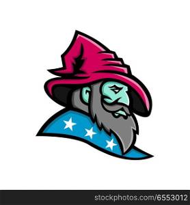 Wizard With Stars Mascot. Mascot icon illustration of head of a wizard, warlock, magician or sorcerer with three stars on his cloak or robe viewed from side on isolated background in retro style.. Wizard With Stars Mascot