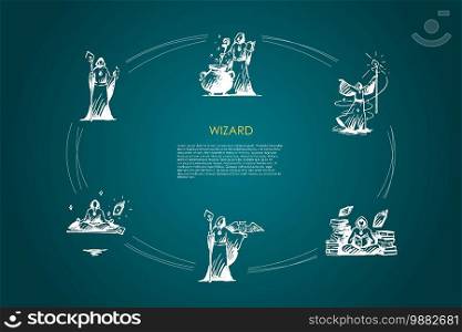 Wizard - wizard in special costume cooking potion in cauldron, standing with magic wand and with owl on hand, meditating, moving objects in space, taking off into air vector concept set.. Wizard - wizard in special costume cooking potion in cauldron, standing with magic wand and with owl on hand, meditating, moving objects in space, taking off into air vector concept set