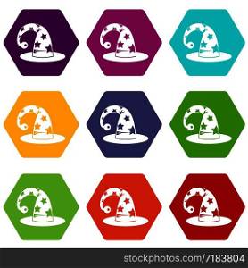 Wizards hat icon set many color hexahedron isolated on white vector illustration. Wizards hat icon set color hexahedron