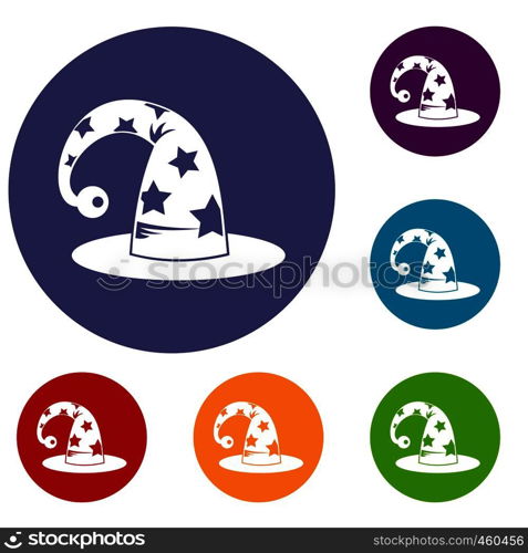 Wizards hat icons set in flat circle reb, blue and green color for web. Wizards hat icons set